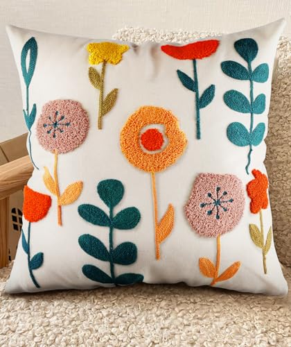 Embroidered Throw Pillow Cover - 18x18 Decorative Pillow Cover with Zipper Aesthetic Cute Design Boho Spring Summer Cozy Throw Pillowcase for Living Room Couch Sofa Bed, Plants - color: Plants, size: 18" x 18" (Pack of 1)