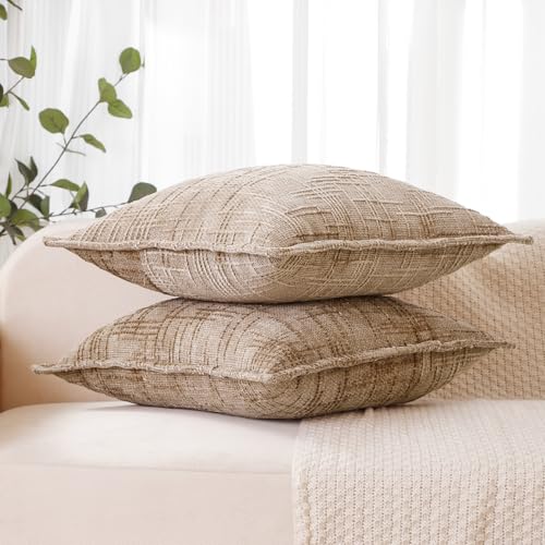HPUK Fall Chenille Soft Throw Pillow Covers 18x18 Set of 2, Accent Cushion Covers for Living Room, Bedroom, Decorative Solid Color Pillow Covers for Couch, Sofa, Chair, Light Brown - color: Chenille-light Brown, size: 18" x 18" (Pack of 2)