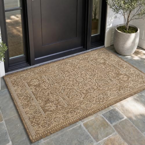MontVoo-2x3 Outdoor Rug Porch Entryway Rug-Polypropylene Door Mat Indoor Outdoor Entrance Entry Rugs Kitchen Rugs, Textured Weave, Durable, Fade-Resistant, Non-Shedding, Vintage Neutral Brown - color: Brown Beige, size: 2' x 3' (Rectangular)