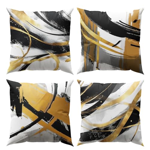 Black and Gold Throw Pillows for Couch Abstract Pillow Covers 16x16 Modern Striped Cushion Covers Black White and Gold Living Room Decor Sofa Bed Decorative Pillows Cases Set of 4 - color: Blackgold, size: 16" x 16" (Pack of 4)