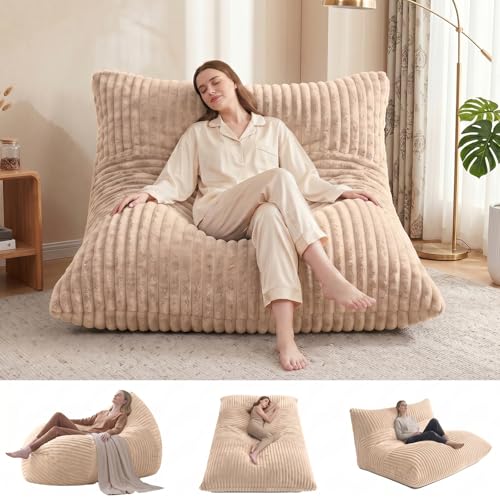 3 in 1 Bean Bag Chair with Memory Foam Filler, Beanbag Chairs for Adult with Washable Cover, Fluffy Oversize Bean Bag Chair Reading Lounger for Bedroom & Living Room (Light Brown) - color: Cream