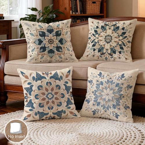 OBSEDE Blue Floral Mandala Decorative Throw Pillow Covers 18x18 Set of 4 Faux Linen Cushion Cases Single-Sided Print Boho Light Blue Accent Pillows for Couch Sofa - color: Blue Floral Mandala