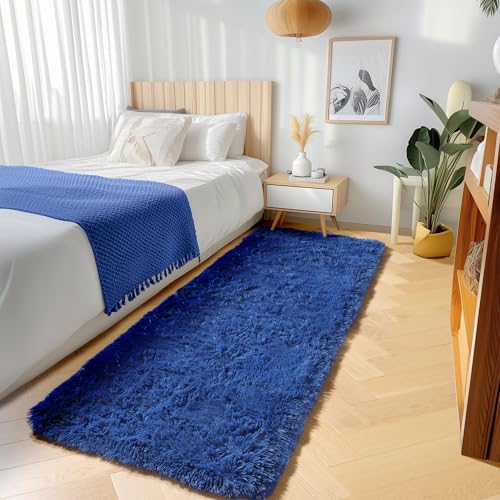 ONASAR Navy Blue Runner Rugs for Bedroom Living Room, Fluffy 2x6 Bedside Hallway Area Rug, Ultra Soft Plush Furry Faux Fur Non Slip Floor Carpet for Nursery Kids Dorm Closet Home Decor - color: Navy Blue, size: 2' x 6' (Runner)