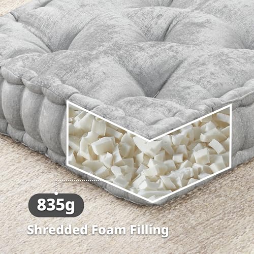 Intelligent Design Floor Pillow - Shredded Foam Filled Meditation & Yoga Cushion, Chenille Tufted, Handsewn Scalloped Edge, OEKO-TEX Certified, Azza, 20" x 20" x 5" Grey - color: Grey