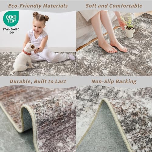 2x6 Runner Rug Non-Slip Washable for Kitchen Hallway - Modern Abstract Neutral Carpet Runner for Bedroom Bedside Laundry Room Entryway – Soft Low-Pile Stain-Resistant (Brown Beige, 2x6) - color: Brown Beige, size: 2' x 6' (Rectangular)
