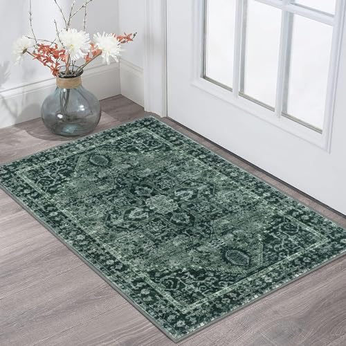 KOZYFLY Small Area Rug 2x3 Ft Rugs for Entryway Washable Boho Entry Rug Non Slip Door Mat Indoor Entrance Faux Wool Vintage Printed Kitchen Rug Throw Rugs for Entrance Kitchen, Dark Green - color: Dark Green, size: 2' x 3' (Rectangular)