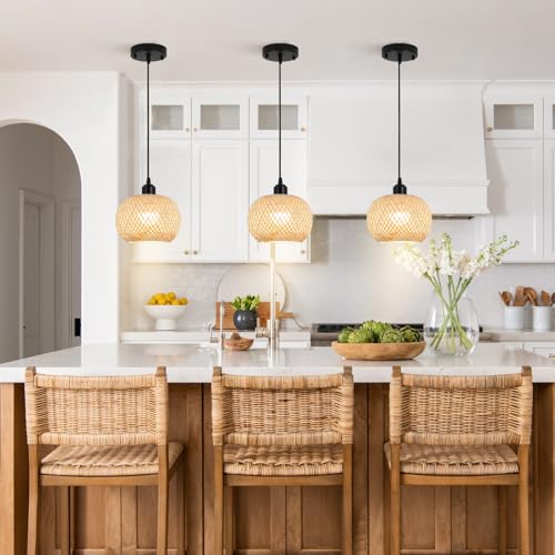 Boho Pendant Light Battery Operated,Rechargeable Woven Pendant Light with Remote,Rattan Pendant Light Fixtures for Kitchen Island,Wicker Hanging Lights for Dining Room Bedroom Hallway Entryway. - size: 7.87 in