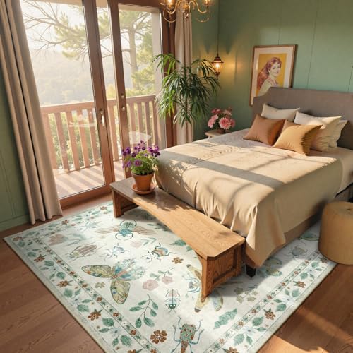 Beeiva Insect Print Rug 6x9, Washable Carpet for Living Room Non Slip, Low Pile Ultra Thin Foldable Large Area Rugs for Bedroom Kids Room Playroom Nursery Home Decor(Beige,6x9ft) - color: Beige, size: 6' x 9' (Rectangular)