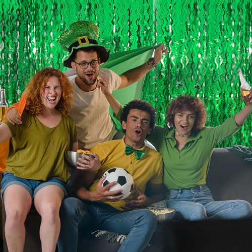 Green Tinsel Foil Fringe Curtains Wavy Backdrop for Party Sparkle Metallic Wavy Streamers Photo Booth Props for Birthday Dinosaur Animal St Patrick's Day Football Christmas Party Decorations - color: Green, size: 2 Pack
