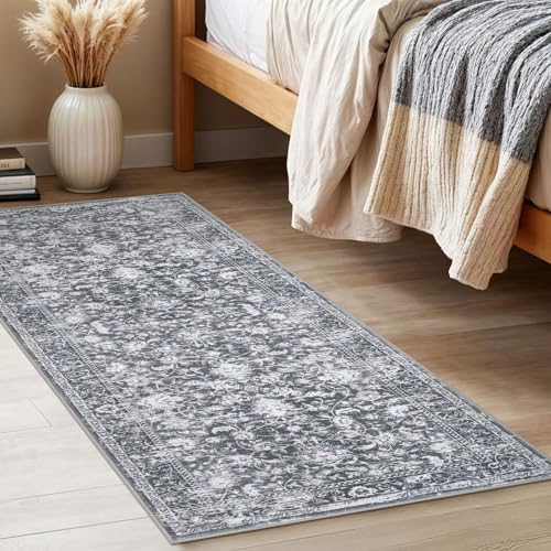 KILOCOCO Hallway Runner 2x5 Kitchen Runner Rug Printed Vintage Floral Washable Non-Slip Runners for Hallways Laundry Room Rugs Distressed Boho Rug Runners for Bedroom, Grey - color: Grey/White, size: 2' x 5' (Runner)