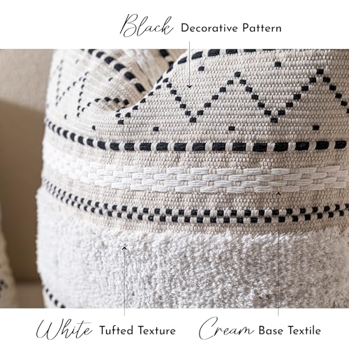BlissBlush 20X20 Throw Pillow Cover, Cream Neutral Square Decorative Cushion Cover with Black Pattern, Boho Accent Pillowcase with Tufted Details and Tassels for Couch Sofa Living Room (Cover Only) - color: Black, size: 20" x 20" (Pack of 1)