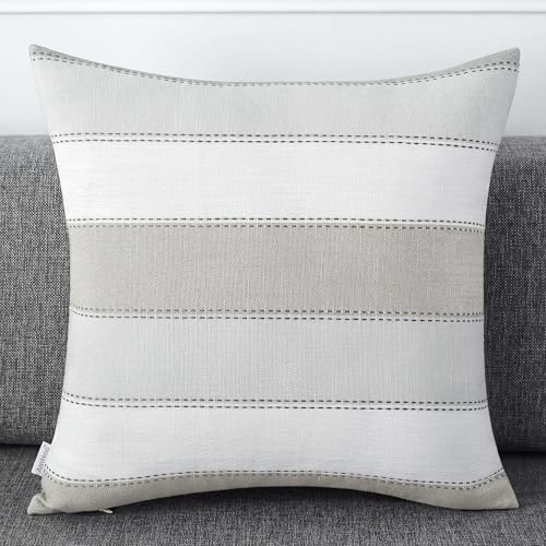 AmHoo Pack of 2 Farmhouse Stripe Check Throw Pillow Covers Set Case Cotton Linen Decorative Pillowcases Cushion Cover for Couch Bench Sofa 18x18Inch Light Grey Beige - color: Light Gray Beige, size: 18" x 18" (Pack of 2)