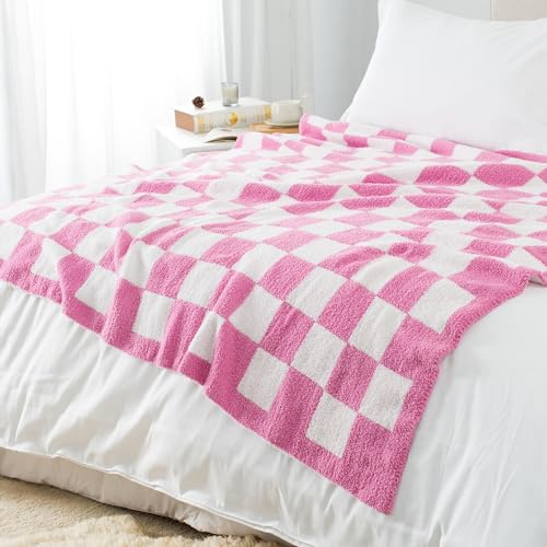 Carriediosa Checkered Throw Blanket 50" X 60", 400GSM Ultra Soft Microfiber Fuzzy Fluffy Reversible Cute Preppy Knitted Blankets Cozy Plush Fall Throws for Couch, Bed, Sofa, Hot Pink - color: Check - Hot Pink, size: 50" X 60"
