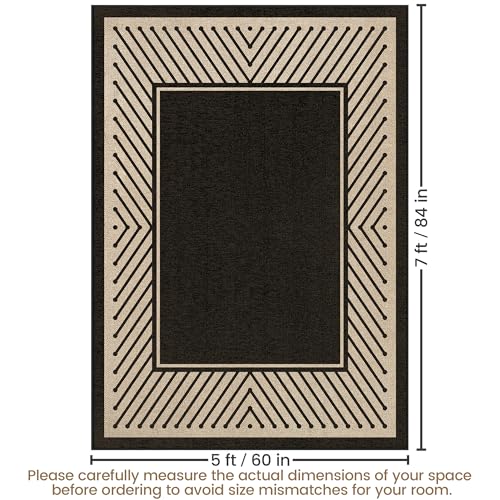 Washable Modern Easy Jute Rug 5x7, Striped Geometric Outdoor Indoor Patio Farmhouse Large Bordered Rugs, Woven Non Slip Thin Carpet Mat for Living Dining Room Bedroom Classroom Kids Nursery - color: Modern Black, size: 5' x 7'