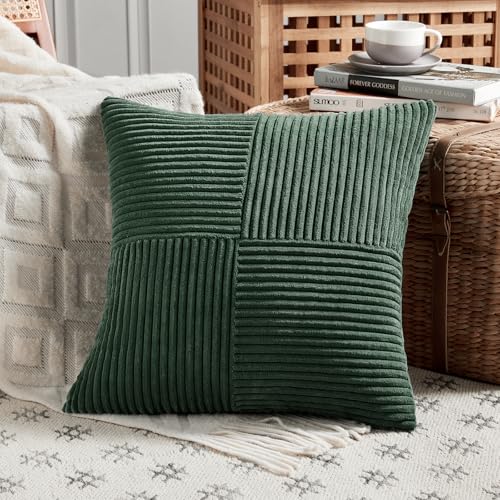 Fancy Homi Set of 2 Dark Green Samll Decorative Throw Pillow Covers 12x12 Inch for Living Room Couch Bed, Boho Farmhouse Forest Green Home Decor, Soft Corss Corduroy Patchwork Textured Cushion Case - color: Dark Green, size: 12" x 12" (Pack of 2)