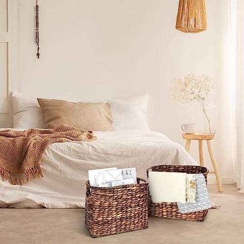 Tatuo Seagrass Magazine Baskets Magazine Holder Tall Narrow Woven Storage Wicker Basket Floor Bathroom Home Office Handwoven Holder for Books, Newspaper, File and Mail(Dark Brown) - color: Dark Brown