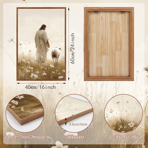 KAIRNE Jesus Framed Canvas Wall Art,Lost Sheep Wall Decor Set of 3(16”X24”),Holy Christian Art Print,Religious Scripture Pictures,Bible Renaissance Wall Painting for Living Room,Bedroom,Church Decor - color: Jesus & Sheep(medium), size: 16"Lx24"W