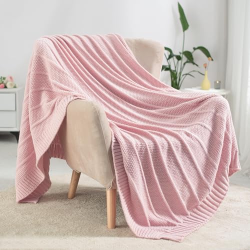 Carriediosa Knit Throw Blanket for Couch 60" X 80" Twin, Soft Cozy Stripe Pattern Cable Knitted Throws Fall Fluffy Textured Solid Home Decor Blankets Couch Cover for Bed Sofa, Dusty Pink - color: Dusty Pink, size: 60" X 80"