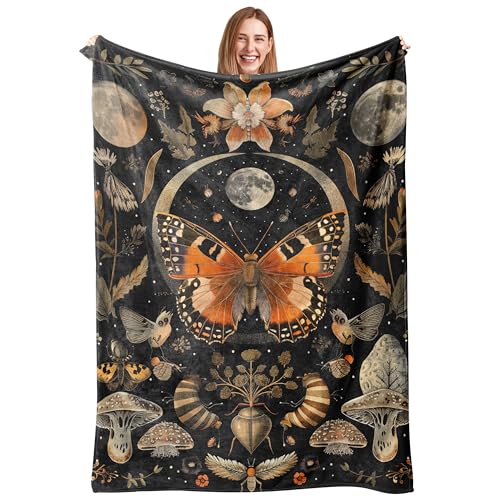 Orange Butterfly Moon Flower Throw Blanket, 320gsm Boho Mushroom Blanket Fluffy Cozy Soft Warm Plush Decorative Gifts for Women Men Kids, Blankets Quilt for Bed Sofa Chair Couch (50"x40") - color: Mushrooms Butterfly, size: 50"x40"