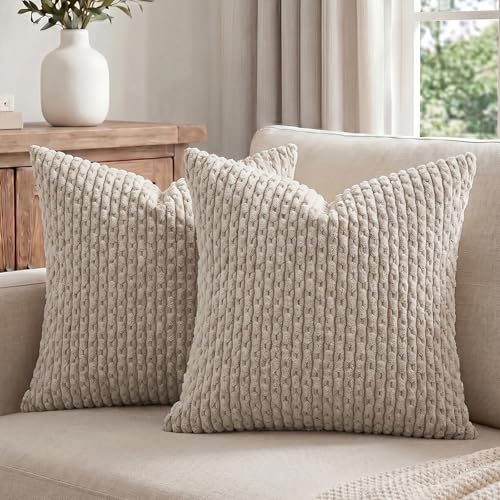 Fancy Homi Set of 2 Neutral Taupe Decorative Throw Pillow Covers 18x18 Inch for Couch Bed Sofa Bedroom, Modern Farmhouse Boho Home Decor, Soft Fluffy Textured Corduroy Cute Cushion Case 45x45 cm - color: Taupe, size: 18" x 18" (Pack of 2)