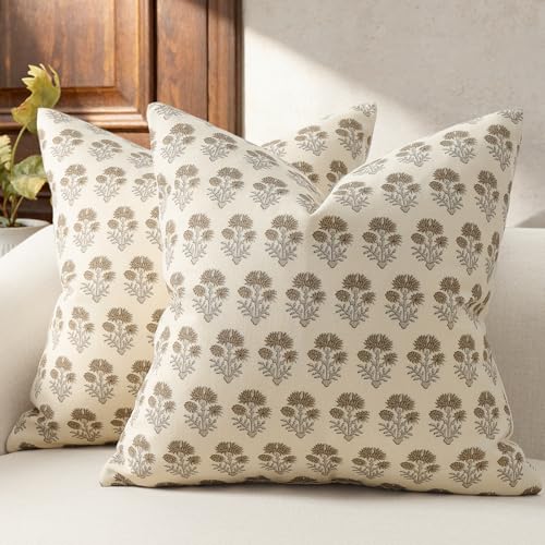 Farmhouse Floral Pillow Covers 18x18 Set of 2, Country Botanical Throw Pillow Cover for Sofa Couch Bed Living Room, Rustic Vintage Flower Cushion Covers Cottage Home Decor,Vintage Walnut - color: Vintage Walnut, size: 18" x 18" (Pack of 2)