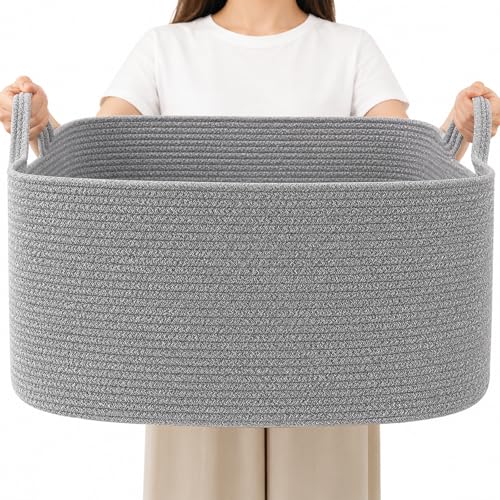 96L Large Blanket Basket,24"x16"x15"Rectangle Storage Bin with Handles,Woven Rope Laundry Basket for Toys, Clothes,Magazines,Home Organization,Nursery,Living Room & Bedroom,Grey - color: Grey, size: 24"x16"x15"(96L)