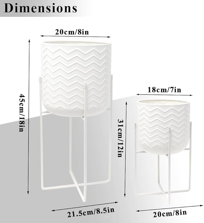 TRIROCKS Set of 2 Planters with Stand Indoor Otdoor Metal Plant Stand 18&12" Tall Modern Planters Flower Pots for Living Room Corner Kitchen Office Garden Balcony Patio Decor(White)