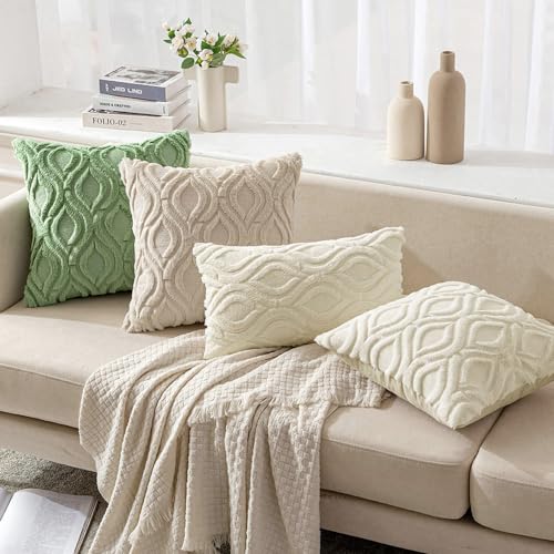 MIULEE Cream White Throw Pillow Covers 18x18 Inch, Soft Winter Plush Faux Wool Couch Pillow Covers Set of 2 Decorative Farmhouse Boho Throw Pillows for Sofa Living Room Bed - color: Cream White, size: 18" x 18" (Pack of 2)