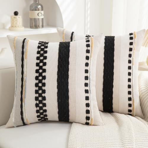 Boho Pillow Covers 18x18 Set of 2 for Couch-Modern Farmhouse Sofa Decorative Throw Pillow Covers Textured Chenille Cushion Covers Outdoor Netural Bohemian Pillow Cases Square - color: Black Stripe 2