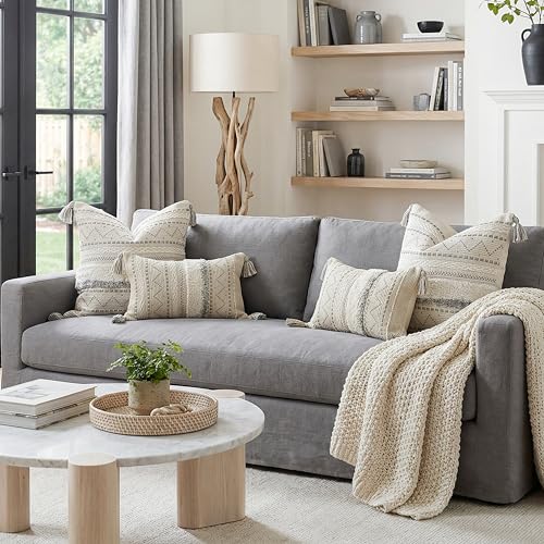 BlissBlush Decorative Lumbar Throw Pillow Covers 12x20 Combo Set of 2 Gray Rectangular Boho Accent Pillowcase Neutral Grey Farmhouse Cushion for Couch Sofa Bedroom Living Home Décor Cover ONLY - color: Gray, size: 20" x 12" (Pack of 2)