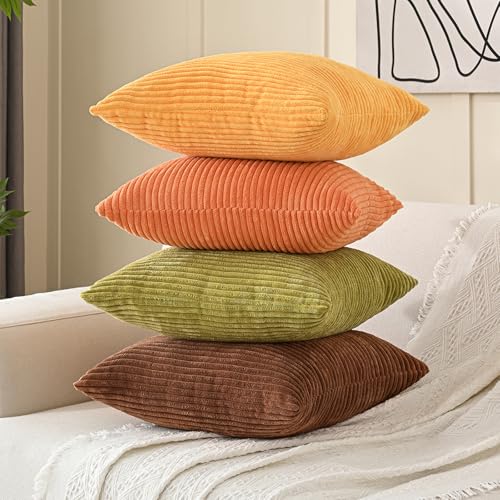 Volcanics Set of 4 Fall Orange Corduroy Decorative Throw Pillow Covers 18x18 Inch, Modern Yellow Green Gradient Couch Pillow Covers, Rustic Western Striped Cushion Covers for Bed Sofa Living Room - color: Yellow Orange, size: 18" x 18" (Pack of 4)