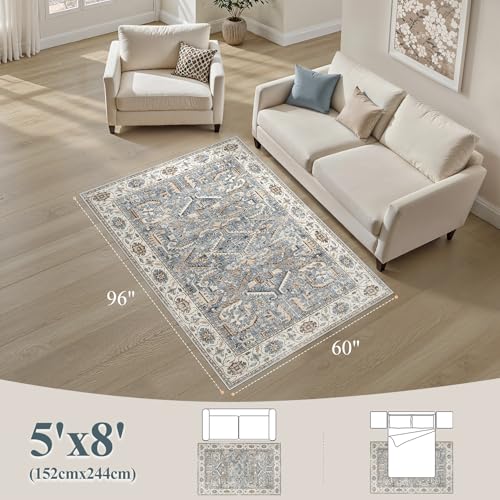 5x8 Area Rugs for Living Room - Washable Soft Large Vintage Rug Non-Slip Stain Resistant Traditional Stain Resistant Indoor Floor Low Pile Carpet for Bedroom Dining Room or Home Office - Blue Multi - color: Blue, size: 5' x 8' (Rectangular)