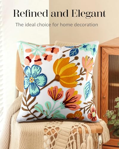 Embroidered Throw Pillow Cover - 18x18 Decorative Pillow Cover with Zipper Aesthetic Cute Design Boho Spring Summer Cozy Throw Pillowcase for Living Room Couch Sofa Bed, Elegant Flowers - color: Elegant Flowers, size: 18" x 18" (Pack of 1)