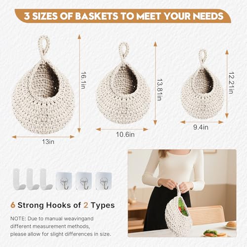 Boho Wall Hanging Fruit Baskets for Kitchen - Rope Woven Hanging Produce Basket, Decorative Storage Organizer for Fruits, Veggies, Snacks, Farmhouse & Boho Home Decoration. - color: Beige-01