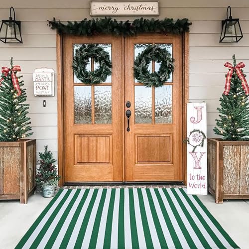 Green & White Striped Rug, 3' x 5' Indoor/Outdoor Area Rug for Front Porch, Entryway, Machine Washable Cotton Woven Welcome Door Mat - color: Green & White Stripe, size: 3' x 5' (Rectangular)