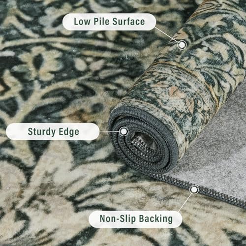 Vintage Floral 5x7 Area Rug,Soft Non-Slip Machine Washable Rug for Living Room Bedroom,Stain Resistant Carpets for Dining Room Farmhouse Nursery Home Office - color: Darkgreen, size: 5' x 7' (Rectangular)