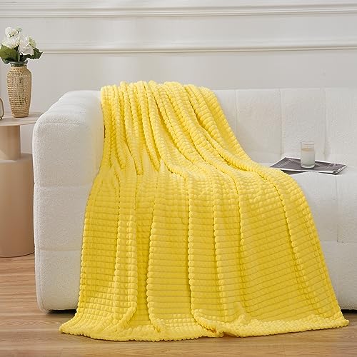 Puncuntex Yellow Throw Blanket 50"×60",Super Soft Flannel Fleece Plush Cozy Blanket with 3D Jacquard Square Grid Design Luxury for Couch Sofa Chair - color: Bright Yellow, size: 50"×60"