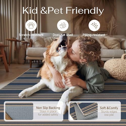 PureCozy Striped Easy Jute Rug 6x9 Blue Living Room Carpet Washable Non Slip Bedroom Office Rug Farmhouse Neutral Non Shedding Indoor Outdoor Large Carpet for Kitchen Dining Room - color: Blue/Striped, size: 6' x 9' (Rectangular)