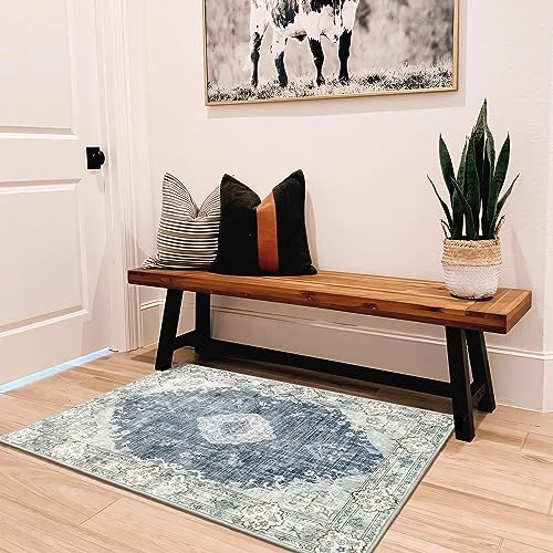 MUJOO Blue Grey Area Rug Small Rugs Boho Machine Washable Rugs Non Slip for Entryway Kitchen Bathroom Bedroom Vintage Soft Low-Pile 2'x3' Flowers - color: Blue Grey, size: 2' x 3' (Rectangular)
