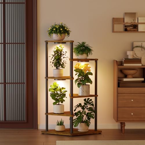 iDavosic.ly Tall Plant Stand with Grow Lights for Large & Heavy Duty Planters, 5 Tier Indoor Corner Flower Shelf with Wooden Trays & Metal Frame, Orchid Rack for Living Room Balcony, Black & Brown - size: 5 Tier with Light