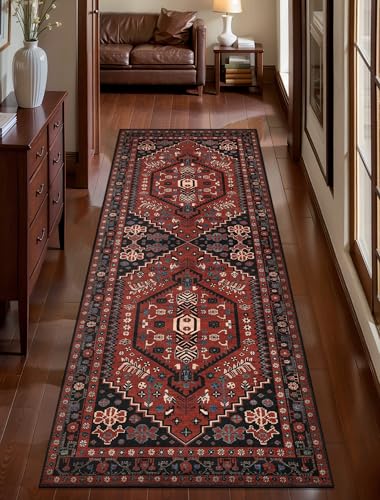 Ciicool 2x5ft Runner Rug, Hallway Wahshable Rugs Vintage Kitchen Carpet for Entrance Bedroom Bedside Living Room Kitchen Laundry Bathroom Decor - color: Red / Black, size: 2' x 5' (Runner)