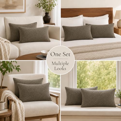 JoraLion 12x20 inch Boucle Throw Pillow Covers, Brown Woven Texture Neutral Pillow Cover Breathable Cushion Case for Couch Sofa Bed Living Room Home Decor, Pack of 2, No Insert - color: Brown, size: 20" x 12" (Pack of 2)