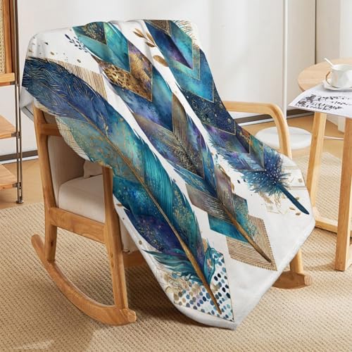 Blanket Bohemian Feather Leaf Throw Blanket for Women Men, 60"x80" Vintage Gold Geometry Plush Flannel Throws, Decor for Bed Couch Bedroom - color: Bohemian Feather Leaf, size: 60"x80"