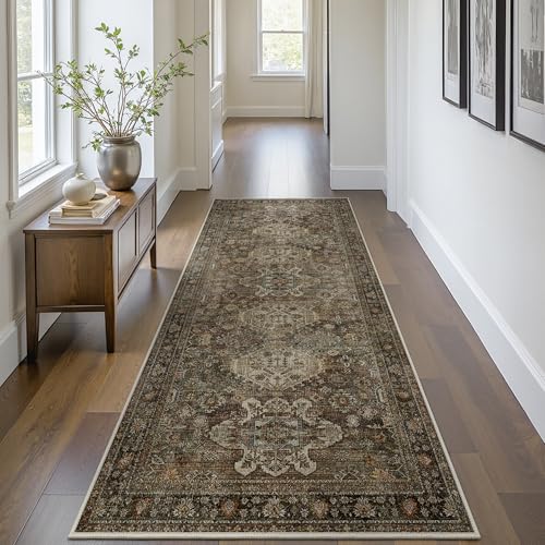 Bavni Washable Runner Rug 2x10, Non Slip Vintage Kitchen Runner Rug, Ultra Thin Low Pile Long Hallway Runner, Machine Washable Carpet Runner for Kitchen Entryway Bedroom Laundry Room, Brown - color: Brown, size: 2' x 10' (Rectangular)