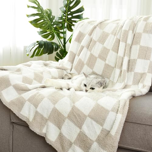 Checkered Throw Blanket, Taupe Soft Cozy Fluffy Knitted Throw Blankets for Couch, Sofa, Bed, Chair, Warm Fuzzy Travel Picnic Lightweight Plaid Blanket, 50x70 inches - color: Taupe, size: 50×70 Inch