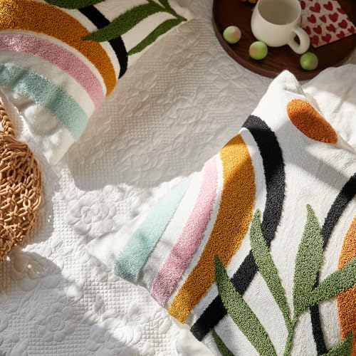 Bohu Farmhouse Colorful Rainbow Throw Pillow Covers 18x18, Textured Mid Century Tufted Abstract Pillowcase for Couch Sofa Bedroom Living Room,1PC - color: Black,yellow,green