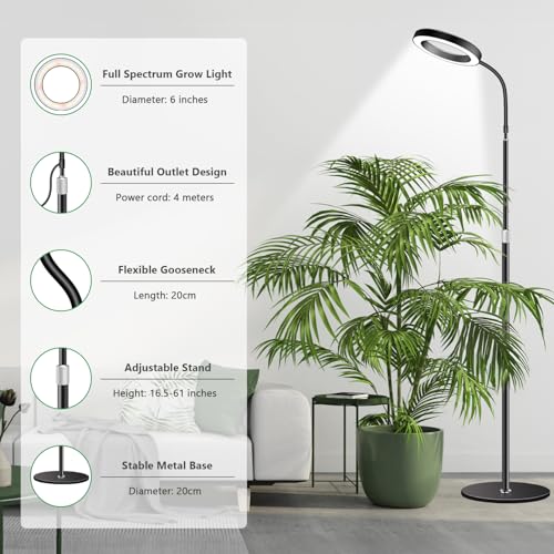 Aumtrly Grow Lights for Indoor Plants, Full Spectrum Floor Standing Plant Lights with 68" Stand for Growing Large Tall Plants, Black Halo LED Plant Grow Light with 6/12/16H Timer - size: 1 head 68inch/black
