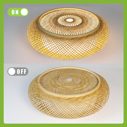 15.7 in Bamboo Woven Rattan-Style Ceiling Light, Boho Ceiling Light Fixture with Remote, LED Dimmable Ceiling Light, Boho Light Fixture for Bedroom Living Room Dining Room Light - size: 15.7in