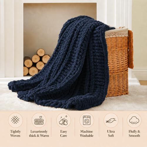 Battilo Cozy Navy Blue Throw Blanket 50" x 60" | Hand Knitted Chunky Knit Throw Blanket, Soft Jumbo Chenille for Couch Sofa Bed - color: Navy