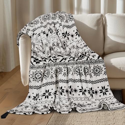 MACEVIA Flannel Boho Blanket for Couch, Country Western Aztec Printed Throw with Tassel, Soft Cozy Bohemian Blanket for Home Decor (Black and White, 50x60inches) - color: Boho Black and White, size: Flannel Fleece (50x60 IN)